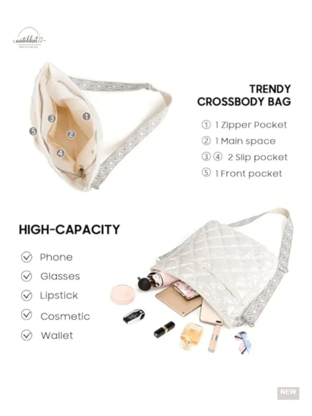 Quilted Crossbody Bag with Adjustable Patterned Strap, Puffer Shoulder Bag for